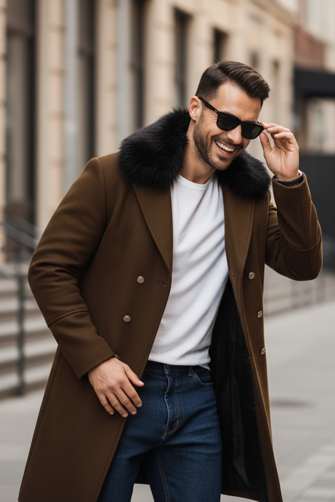 Model styling HARLENE Wool Blend Double-Breasted Coat outdoors for a chic autumn look.