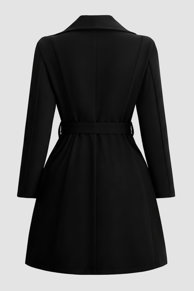 Model styling LEONA Wool Blend Long Coat with chic all-black outfit for modern elegance.