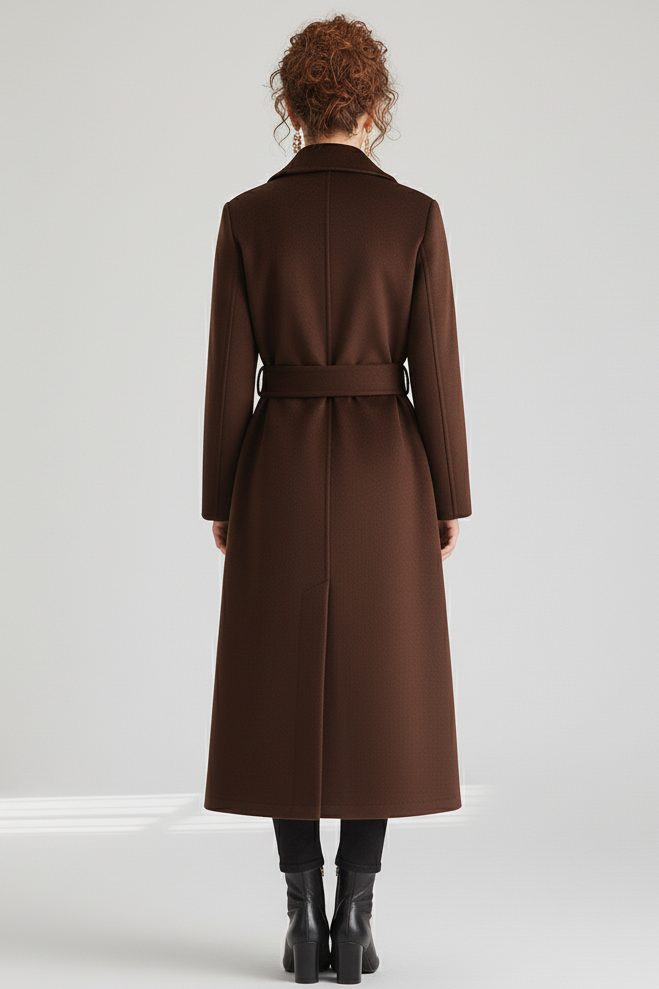 Model styling SMILE CHIC Wool Blend Belted Coat for a chic autumn-winter look.