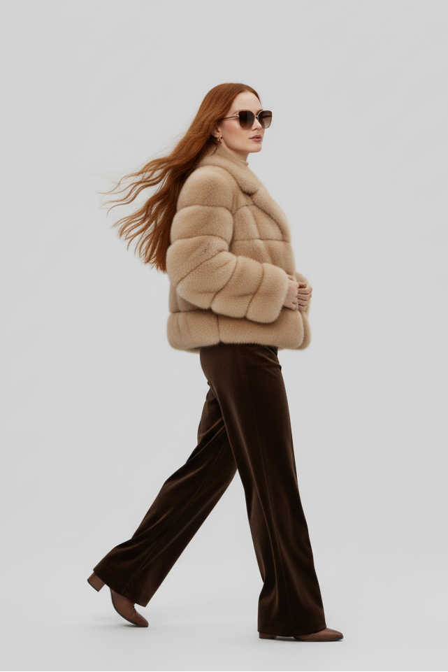 Model walking in the VELARIE faux fur coat during a cold-weather day.