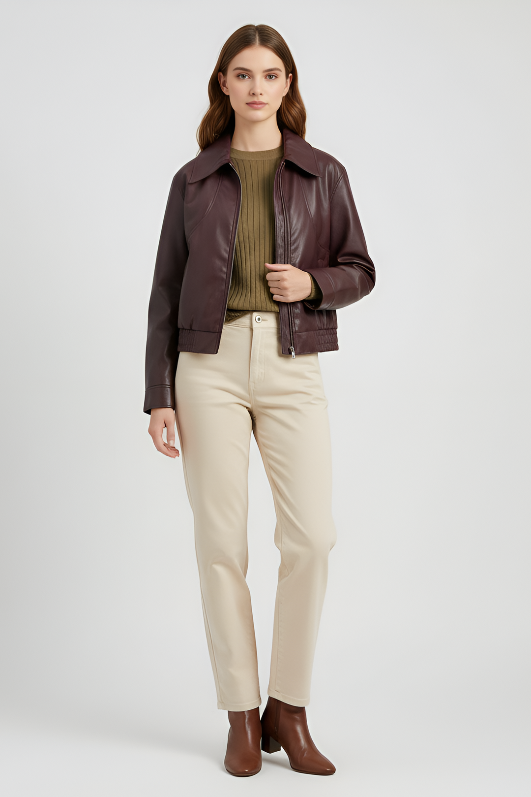 Model wearing Dalvera brown faux leather cropped jacket with casual outfit