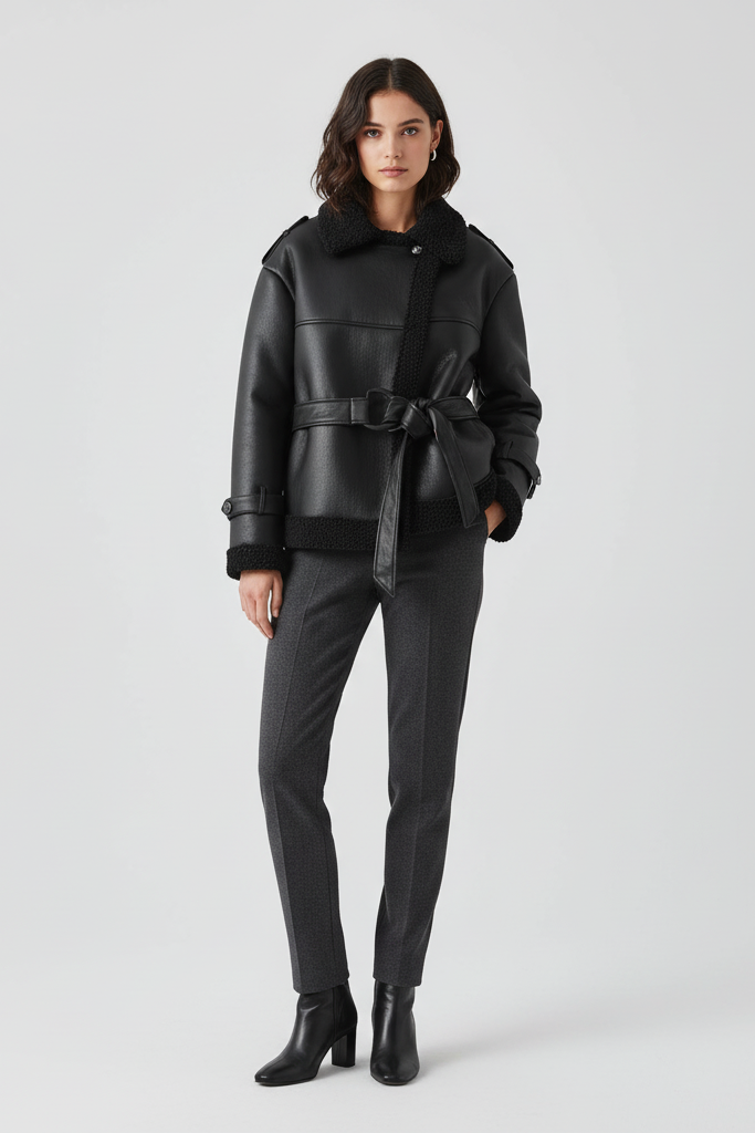 Model wearing black faux leather belted plush coat front pose