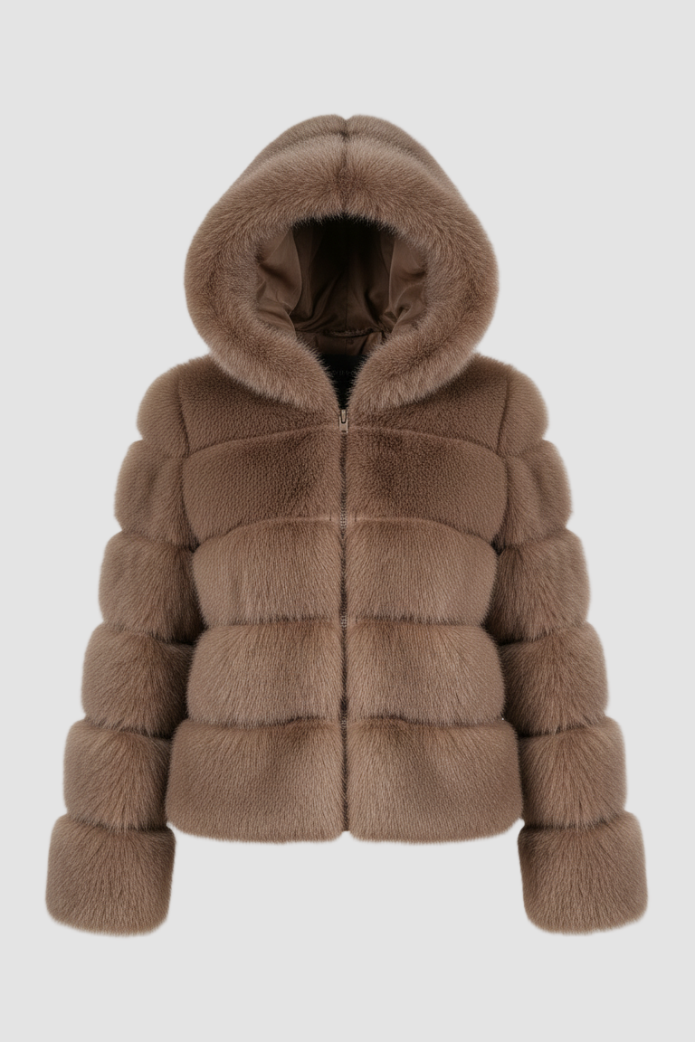 Model wearing the FERALYN faux fur jacket in a winter street-style scene.