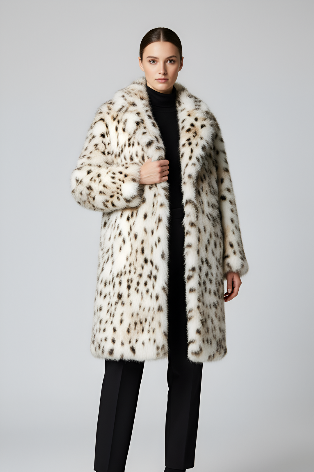 Model wearing the LEOVARA leopard faux fur coat in natural light.