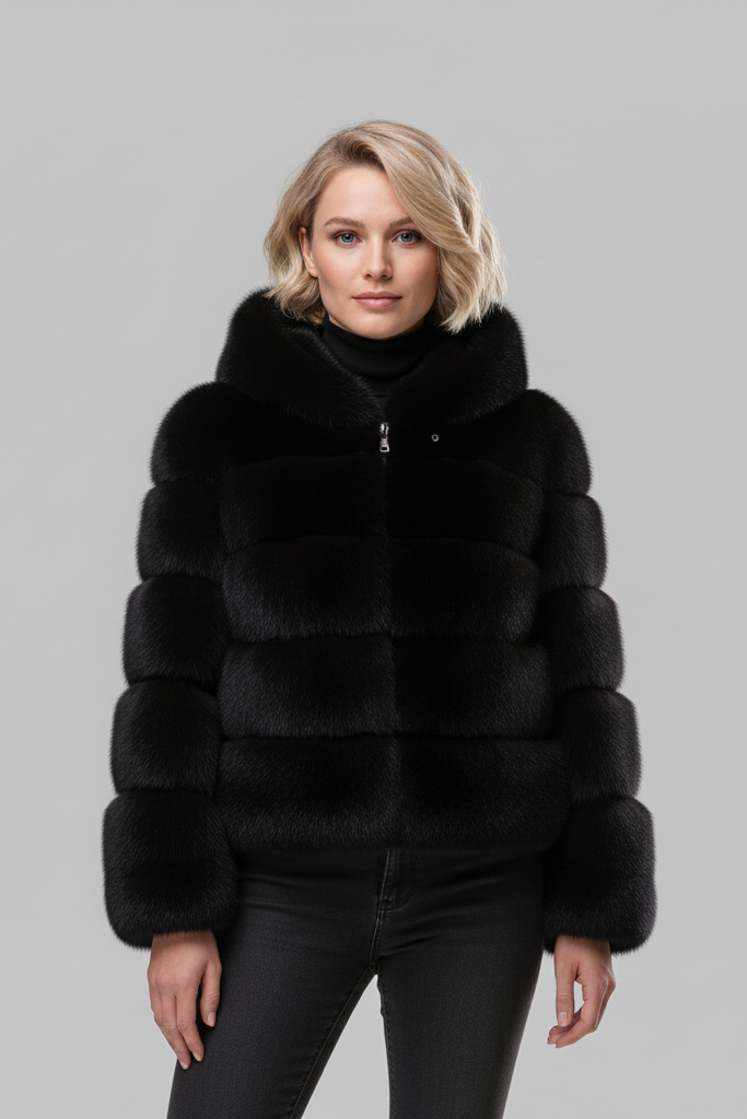 Model wearing the LIREN faux fur jacket with hood in a winter setting.