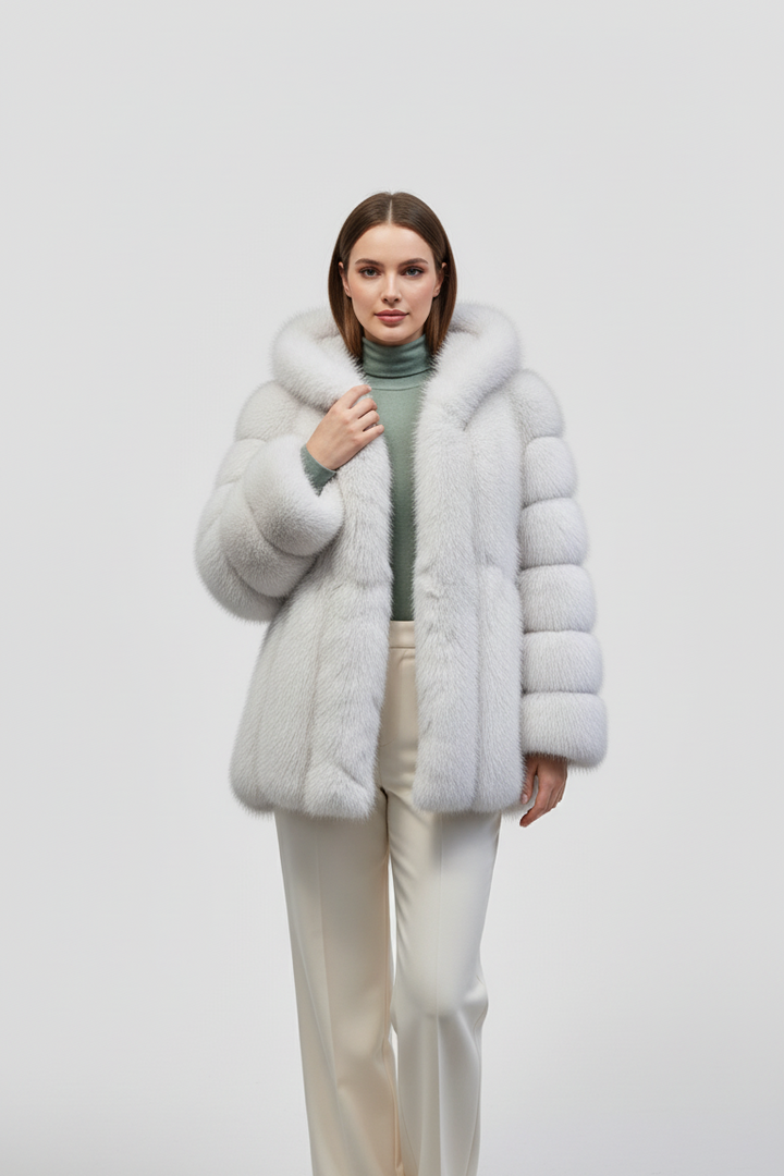 Model wearing the MYRALYN faux fur hooded coat in a soft winter setting.