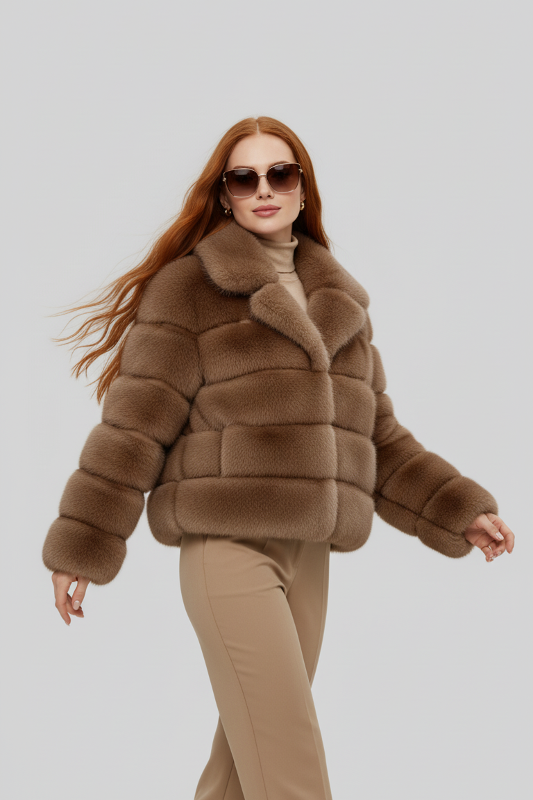 Model wearing the VELARIE faux fur coat in a winter outdoor setting.