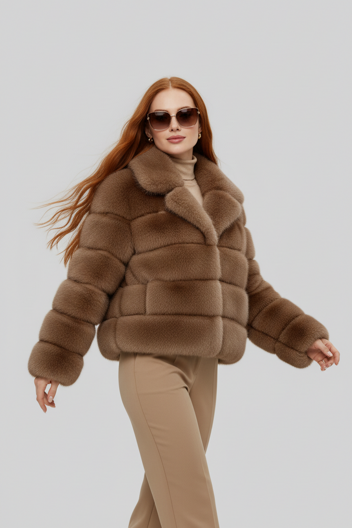 Model wearing the VELARIE faux fur coat in a winter outdoor setting.