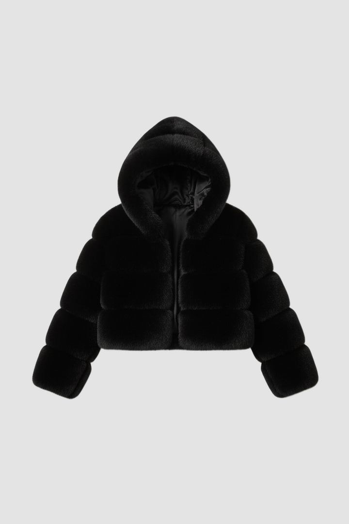 Model wearing the VELMIRA Faux Fur Jacket zipped up for cold weather warmth