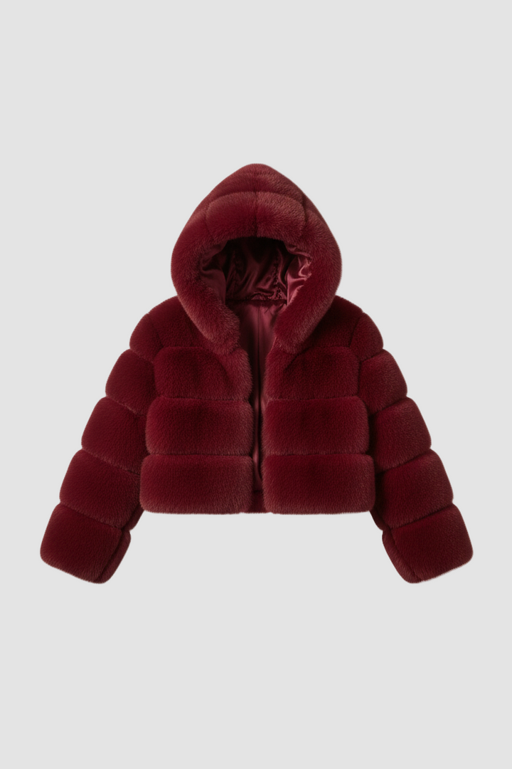 Model wearing the VELMIRA Faux Fur Jacket zipped up for cold weather warmth