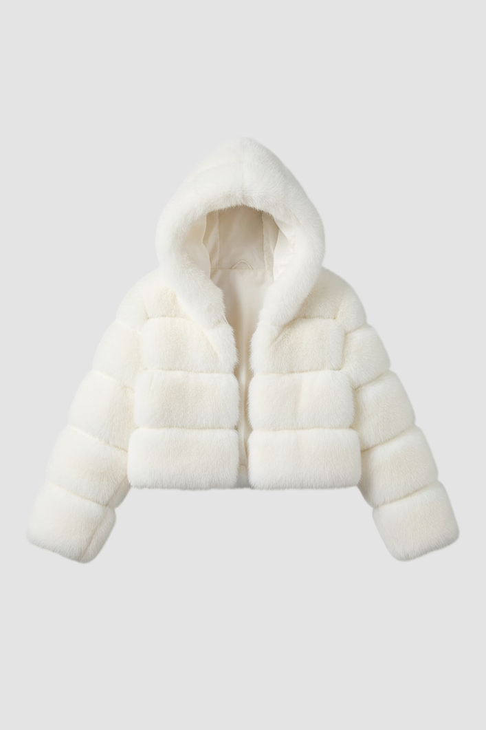 Model wearing the VELMIRA Faux Fur Jacket zipped up for cold weather warmth