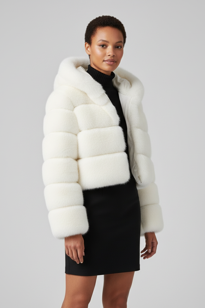 Model wearing the VELMIRA faux fur jacket in a casual winter street setting.