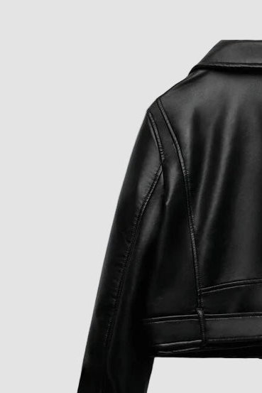 Modern faux leather biker jacket with slim sleeves, metal snaps and waist belt strap