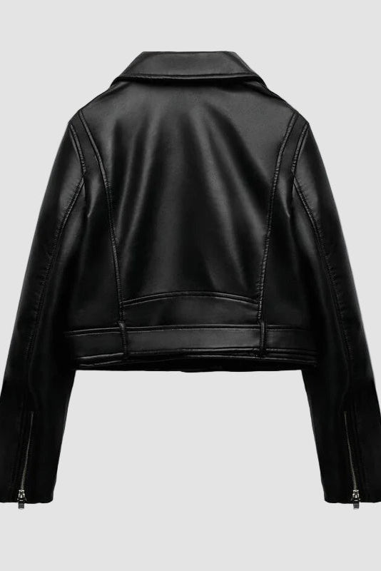 Modern faux leather biker jacket with slim sleeves, metal snaps and waist belt strap