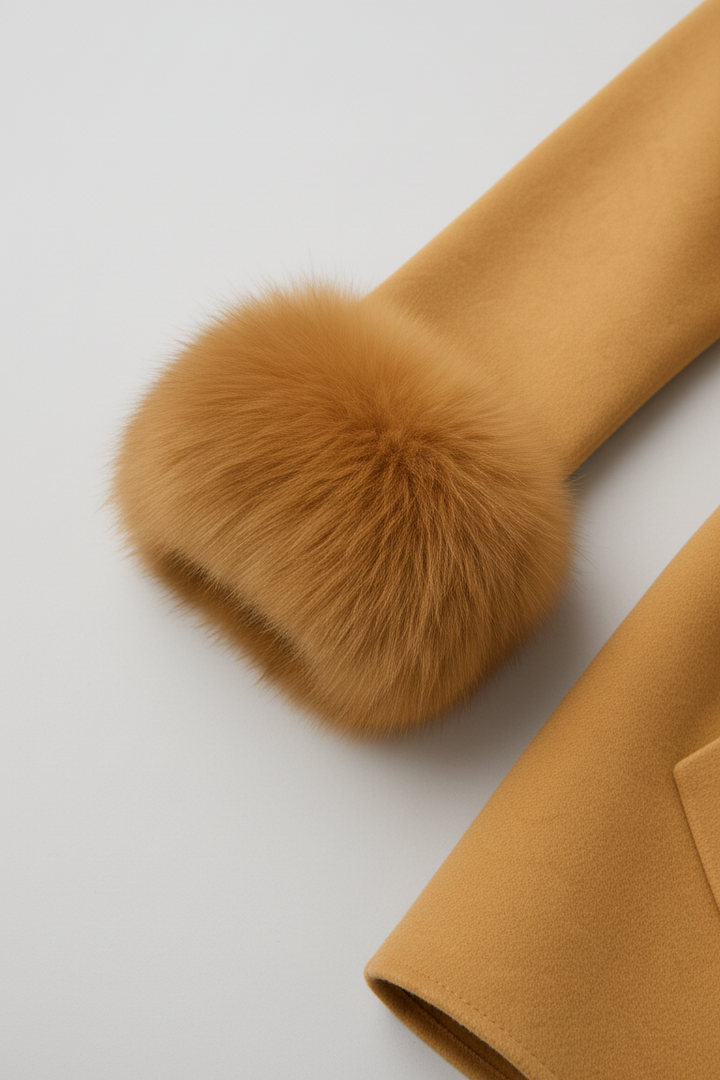 Mustard yellow coat with a fur pom-pom on a light gray background