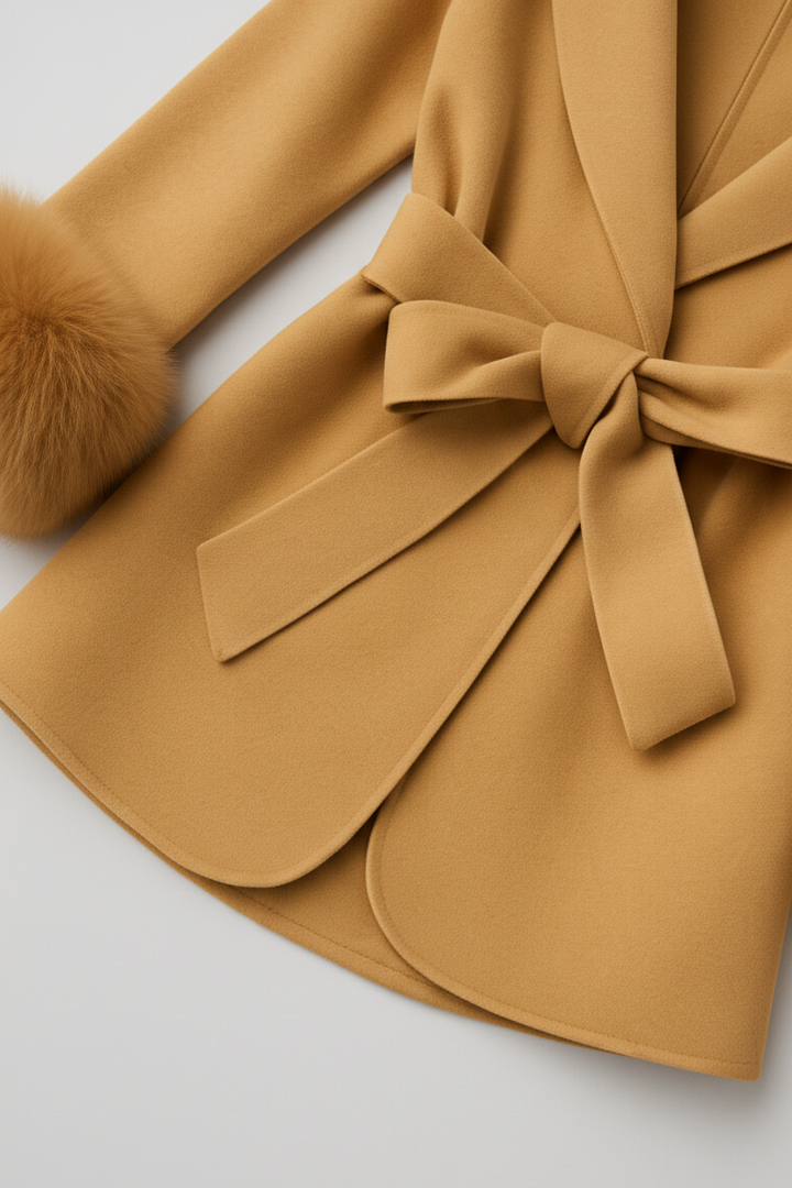 Mustard yellow coat with a large bow detail on a light gray background