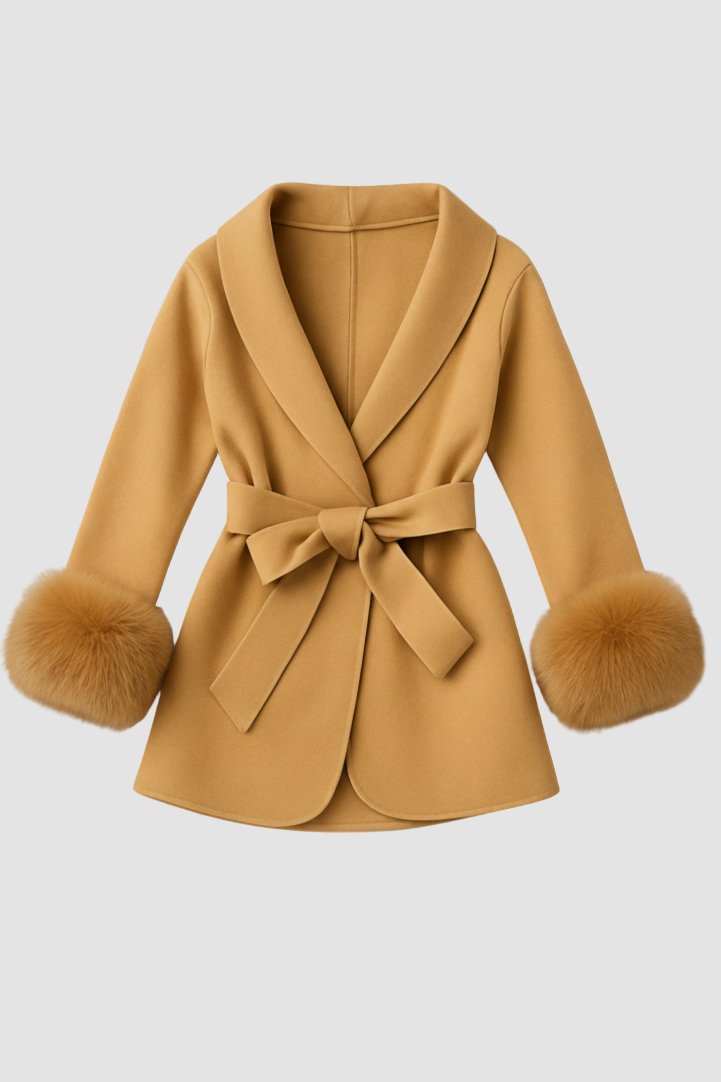 Mustard yellow coat with fur cuffs on a light gray background
