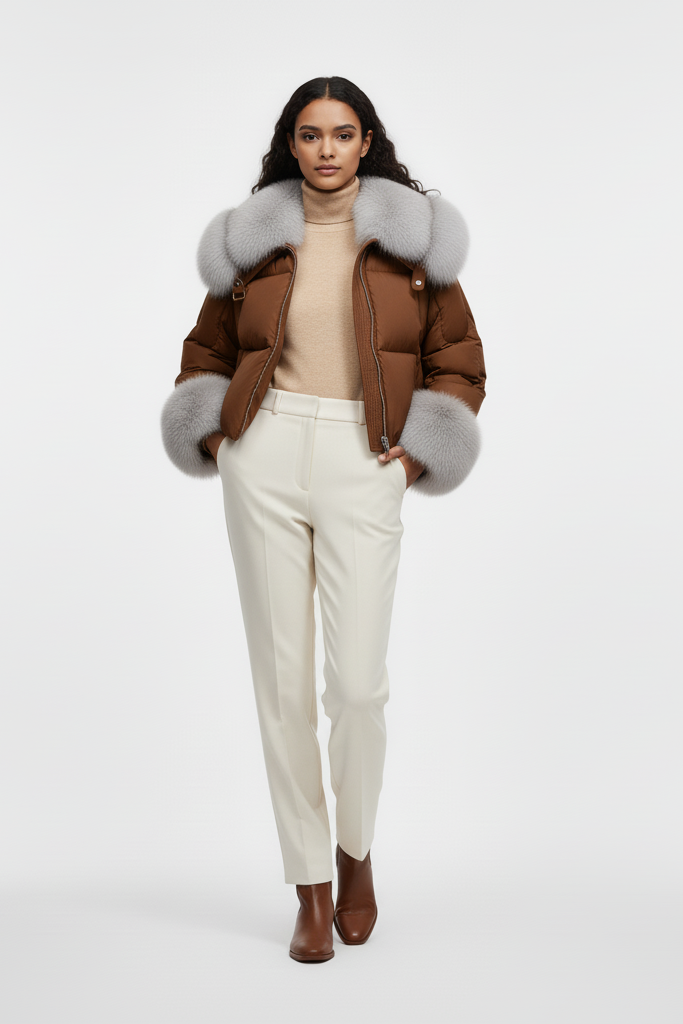 NALVERA coat – model wearing fox fur down coat outdoors