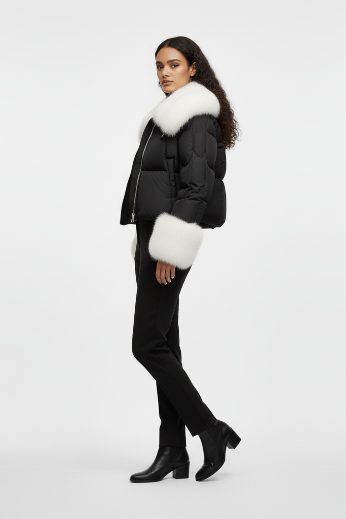 NALVERA coat – model wearing fox fur down coat outdoors