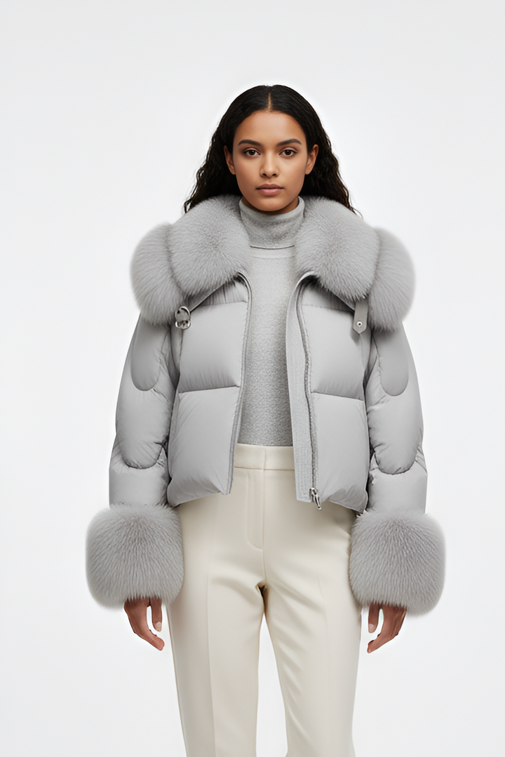 NALVERA fox fur down coat – detachable fur tassel collar close-up