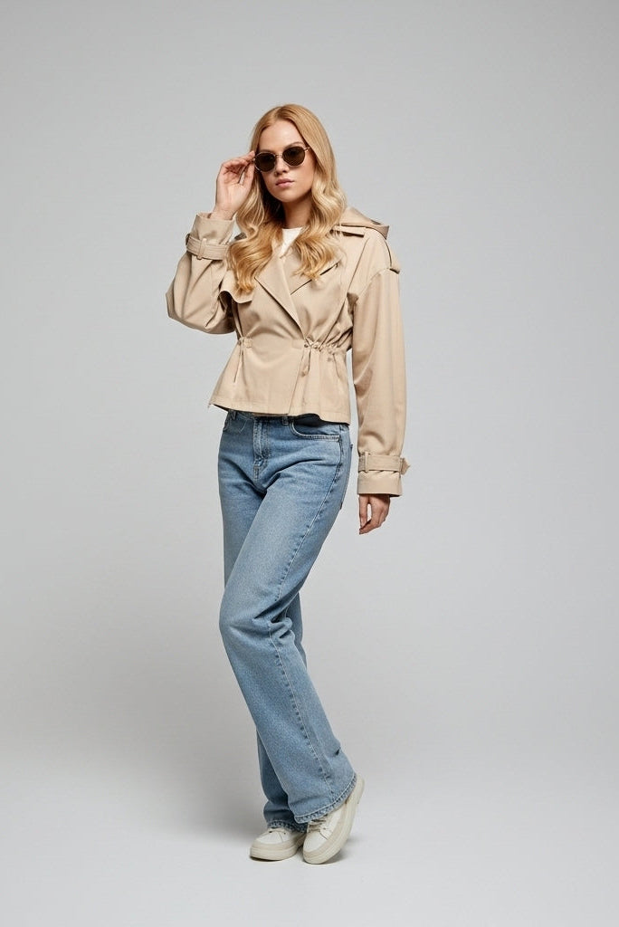 NAREL Chic Zipper Jacket – Beige Front View fleece waterproof jacket for women
