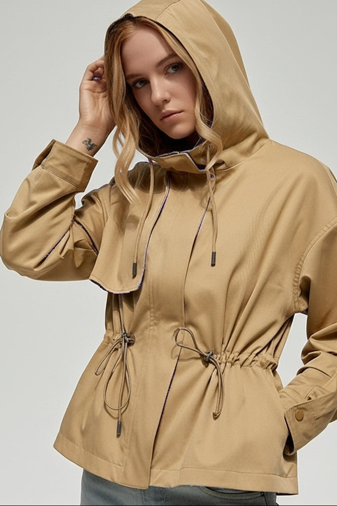 NAREL Chic Zipper Jacket – Beige Lifestyle Shot fleece waterproof jacket outfit