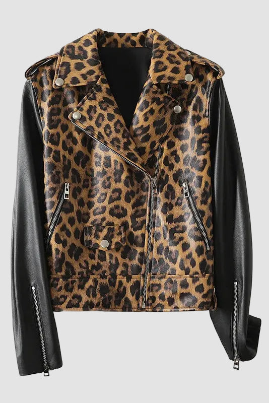 NATHALIE - CROPPED LEOPARD JACKET, Moto Style, Black Sleeves