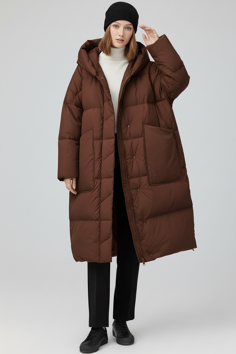 NORAVEN Hooded Down Coat – Flat lay front view with hood
