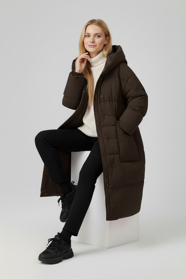 NORAVEN Hooded Down Coat – Model standing wearing taupe down coat
