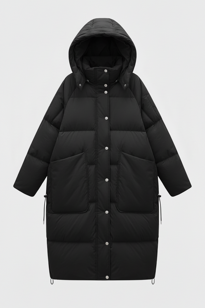 NORAVEN Hooded Down Coat Black– Close front portrait showcasing hood and details