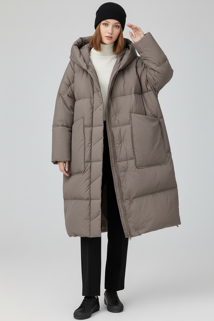 NORAVEN Hooded Down Coat – Flat lay front view with hood
