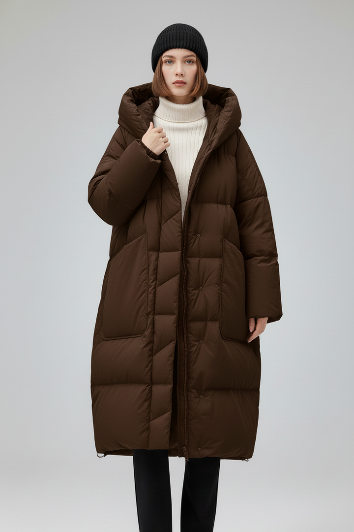 NORAVEN Hooded Down Coat – Front view on model in taupe