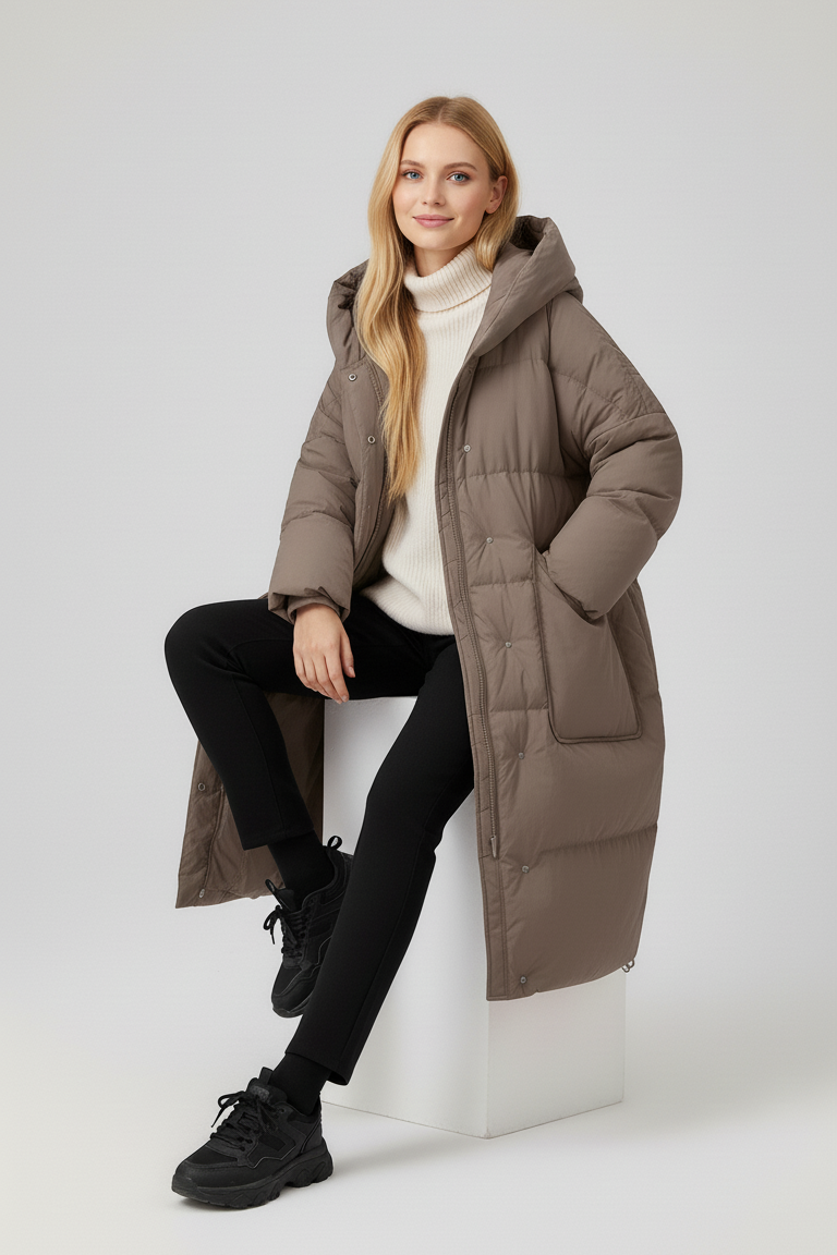 NORAVEN Hooded Down Coat – Model standing wearing taupe down coat
