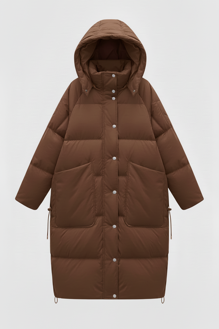 NORAVEN Hooded Down Coat Brown – Close front portrait showcasing hood and details
