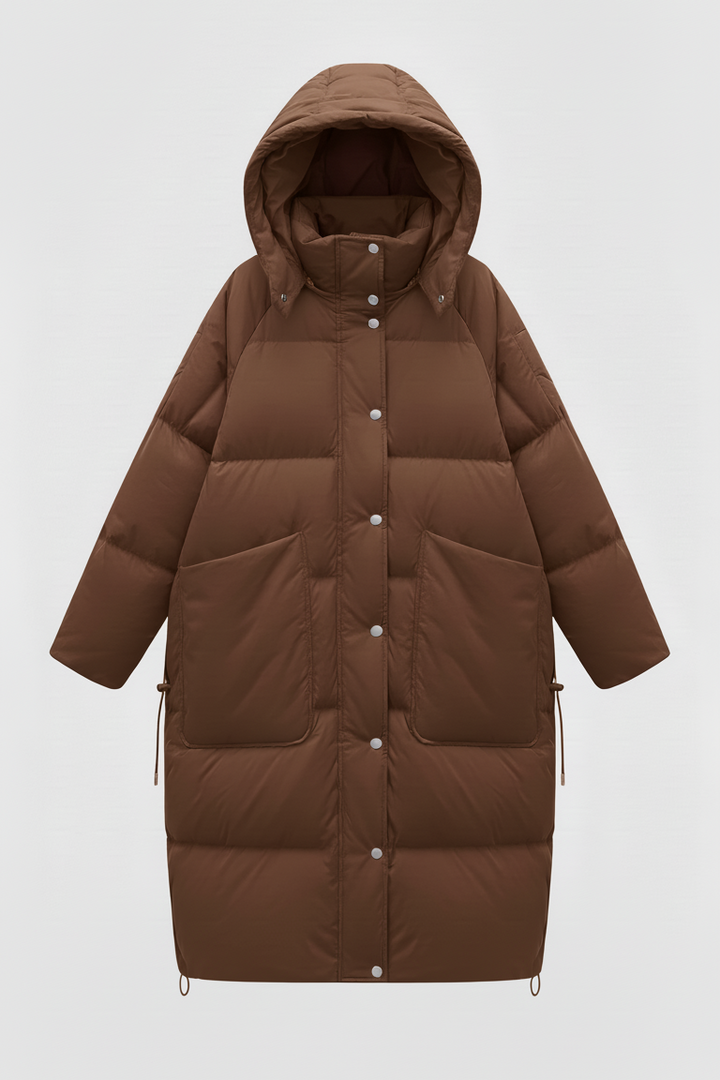 NORAVEN Hooded Down Coat Brown – Close front portrait showcasing hood and details