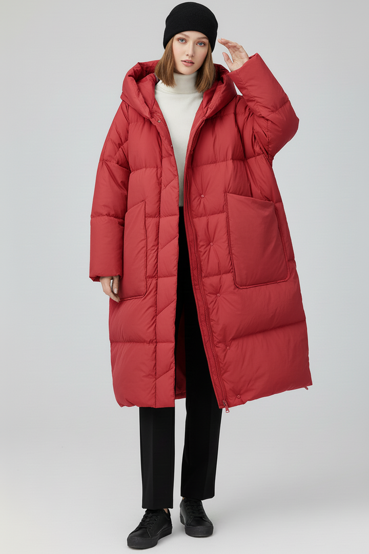 NORAVEN Hooded Down Coat – Flat lay front view with hood
