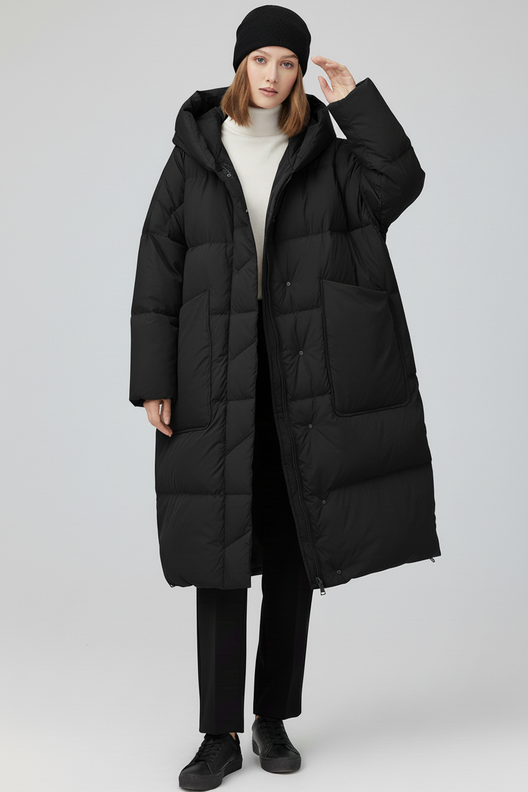 NORAVEN Hooded Down Coat – Flat lay front view with hood
