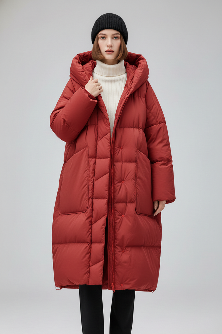 NORAVEN Hooded Down Coat – Front view on model in taupe