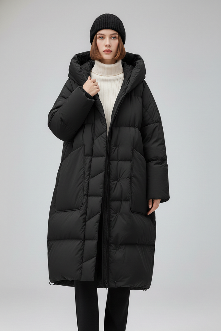 NORAVEN Hooded Down Coat – Front view on model in taupe