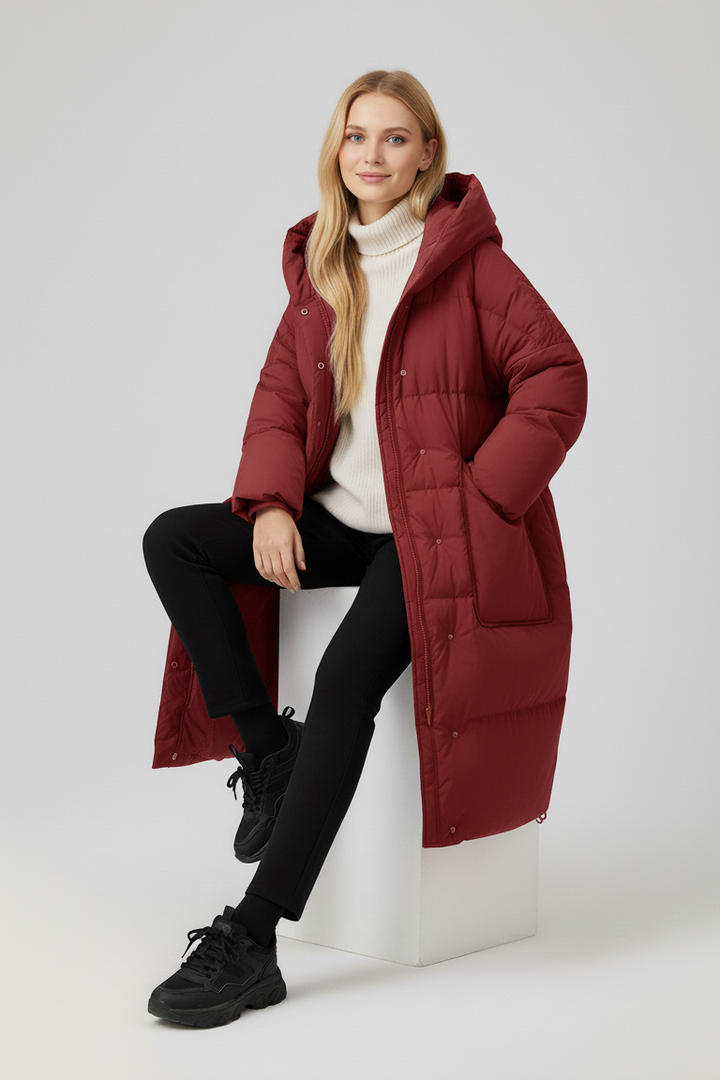 NORAVEN Hooded Down Coat – Model standing wearing taupe down coat
