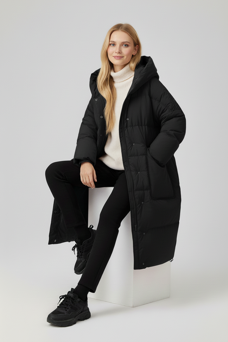 NORAVEN Hooded Down Coat – Model standing wearing taupe down coat