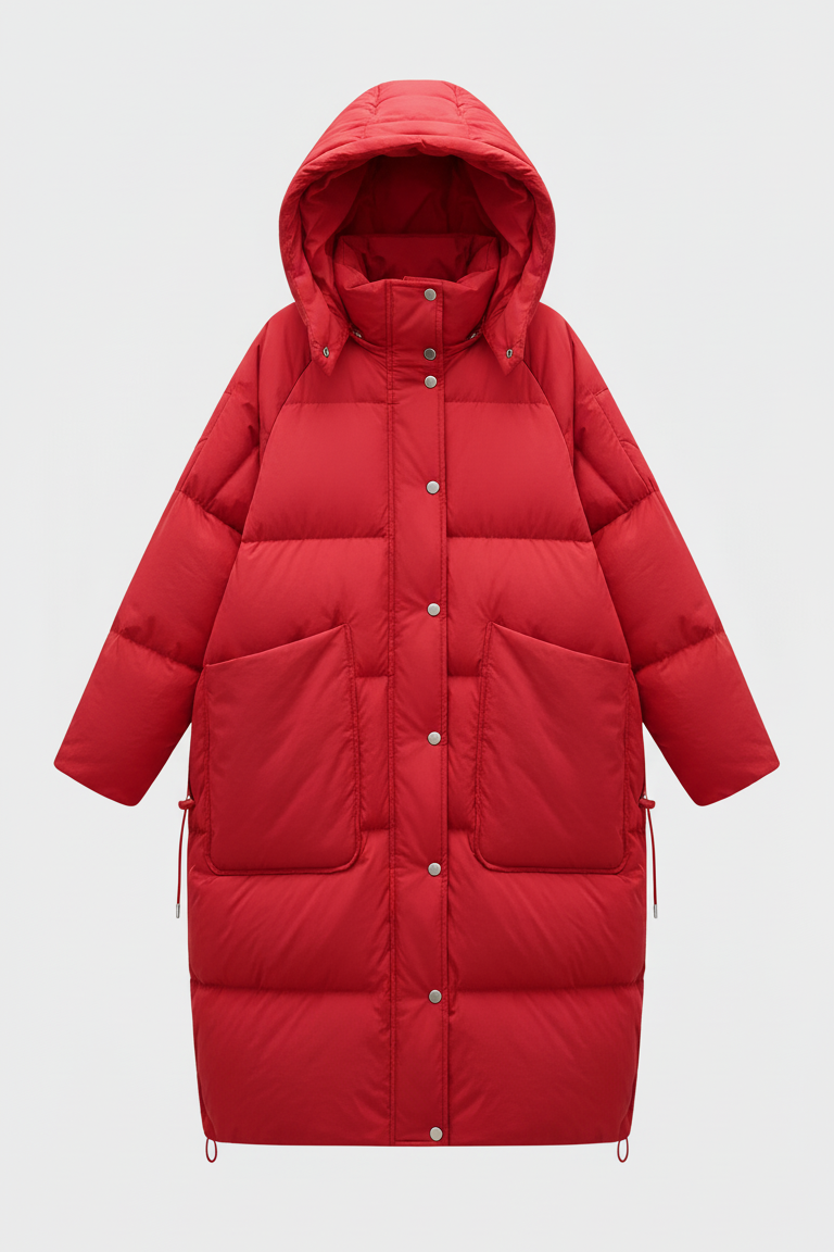 NORAVEN Hooded Down Coat Red – Close front portrait showcasing hood and details