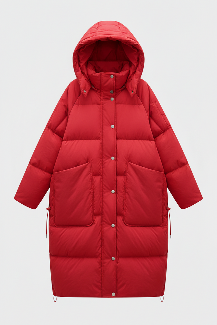 NORAVEN Hooded Down Coat Red – Close front portrait showcasing hood and details