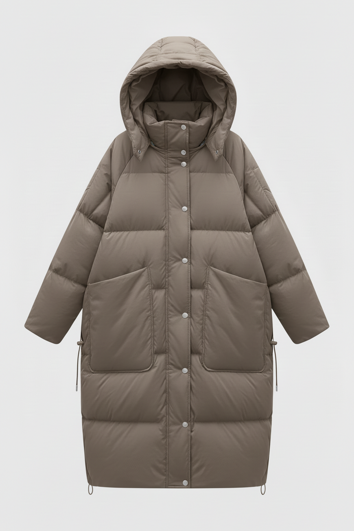 NORAVEN Hooded Down Coat Taup gray – Close front portrait showcasing hood and details