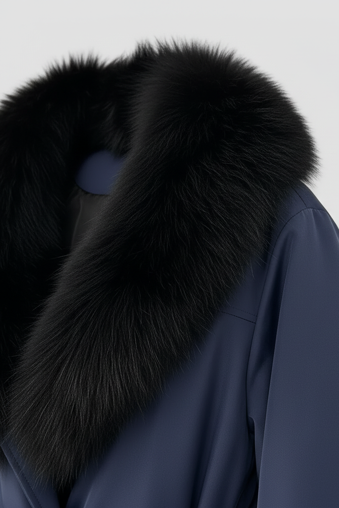 Navy blue coat with a large black fur collar on a light gray background