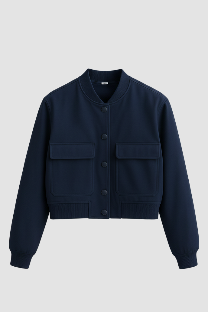 Navy blue jacket with button details on a white background