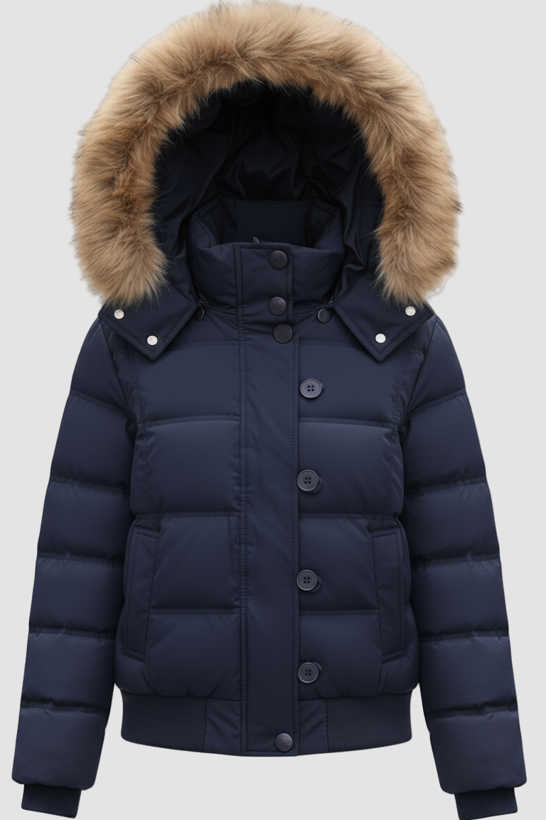 Navy blue puffer jacket with a fur-lined hood on a white background