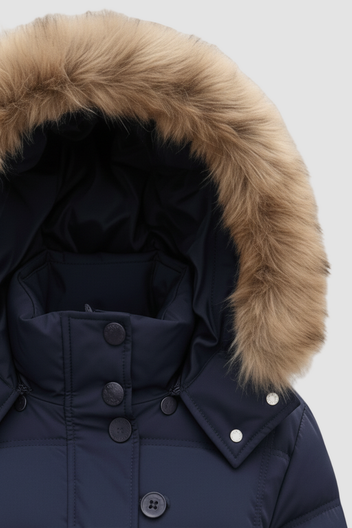 Navy blue winter coat with a fur-lined hood on a white background