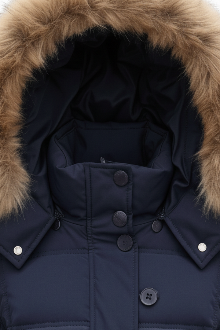 Navy blue winter coat with fur-lined hood