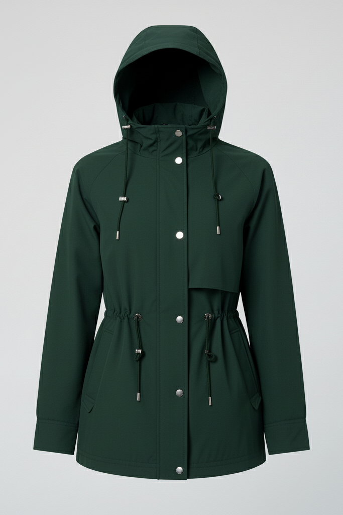 ORVINA Autumn Casual Jacket – woman coat spring – Studio shot dark green hooded jacket